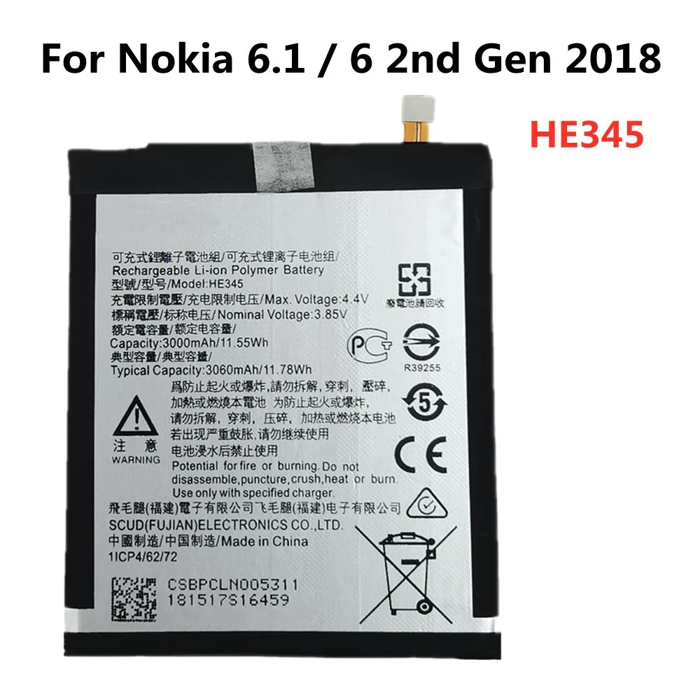 

3060mAh HE353 HE344 HE345 Battery For Nokia 6 2nd Gen 2018 / Nokia 6.1 TA-1054 TA-1043 TA-1050 TA-1068 Phone Bateria