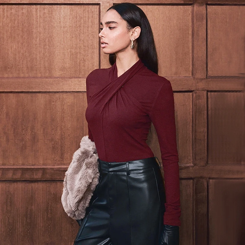 女性用秋物無地クロスオーバーネック長袖スリムフィットプルオーバートップカジュアルレイヤードコーデデートナイト心地良い秋のギフトティーン向け