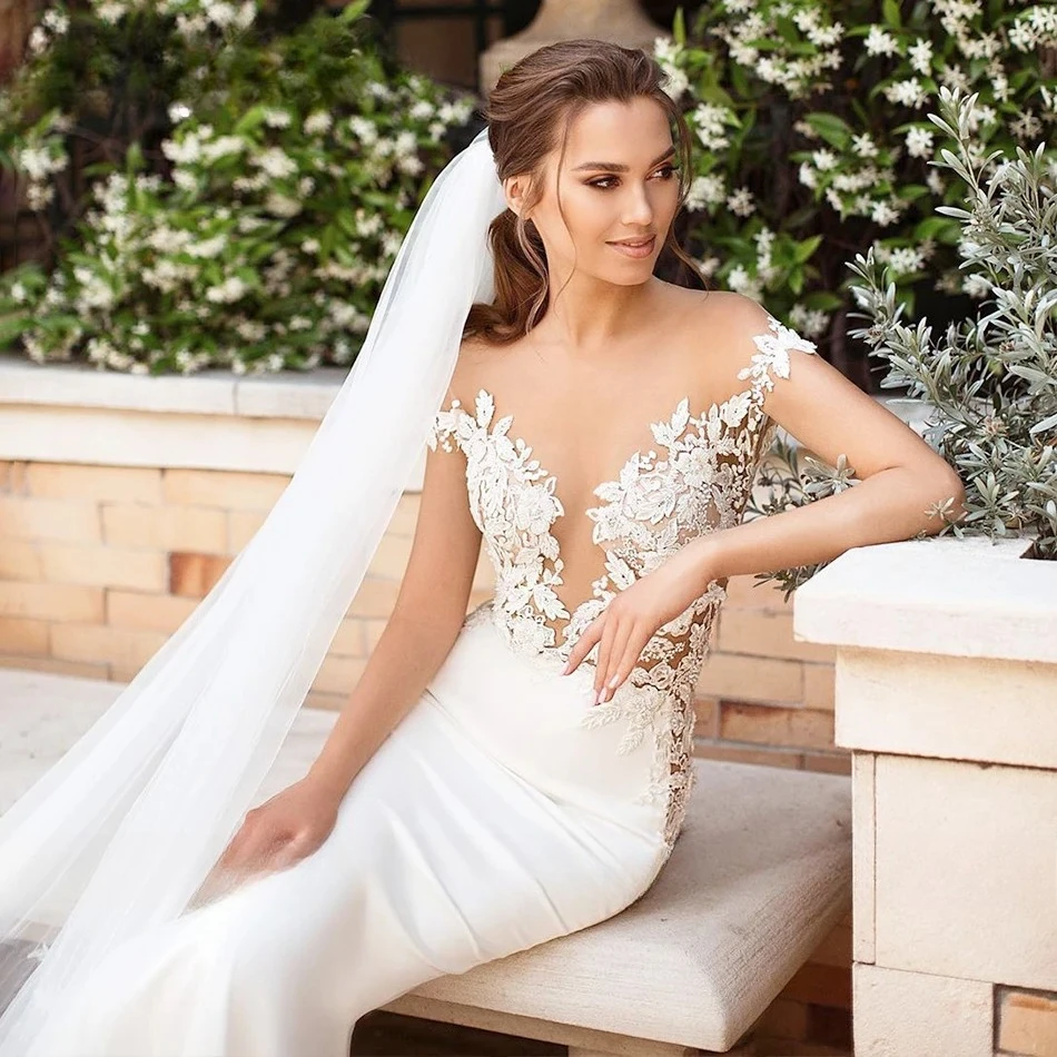 Customized Sexy Off Shoulder Soft Satin Mermaid Wedding Dress Beaded Illusion Lace Button Back Elegant Gown Bride Reception