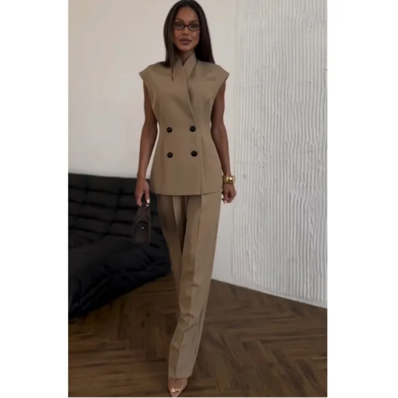 

European and American Cross-border Women's Summer New Style Temperament Double Breasted Waisted Vest Top High Waisted Pants Set