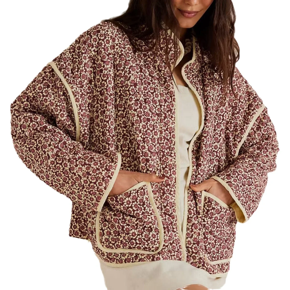 Chaqueta de mujer giacca invernale donna autunno fiore stampato tasca sottile decorazione Cardigan cappotto di cotone Top da donna