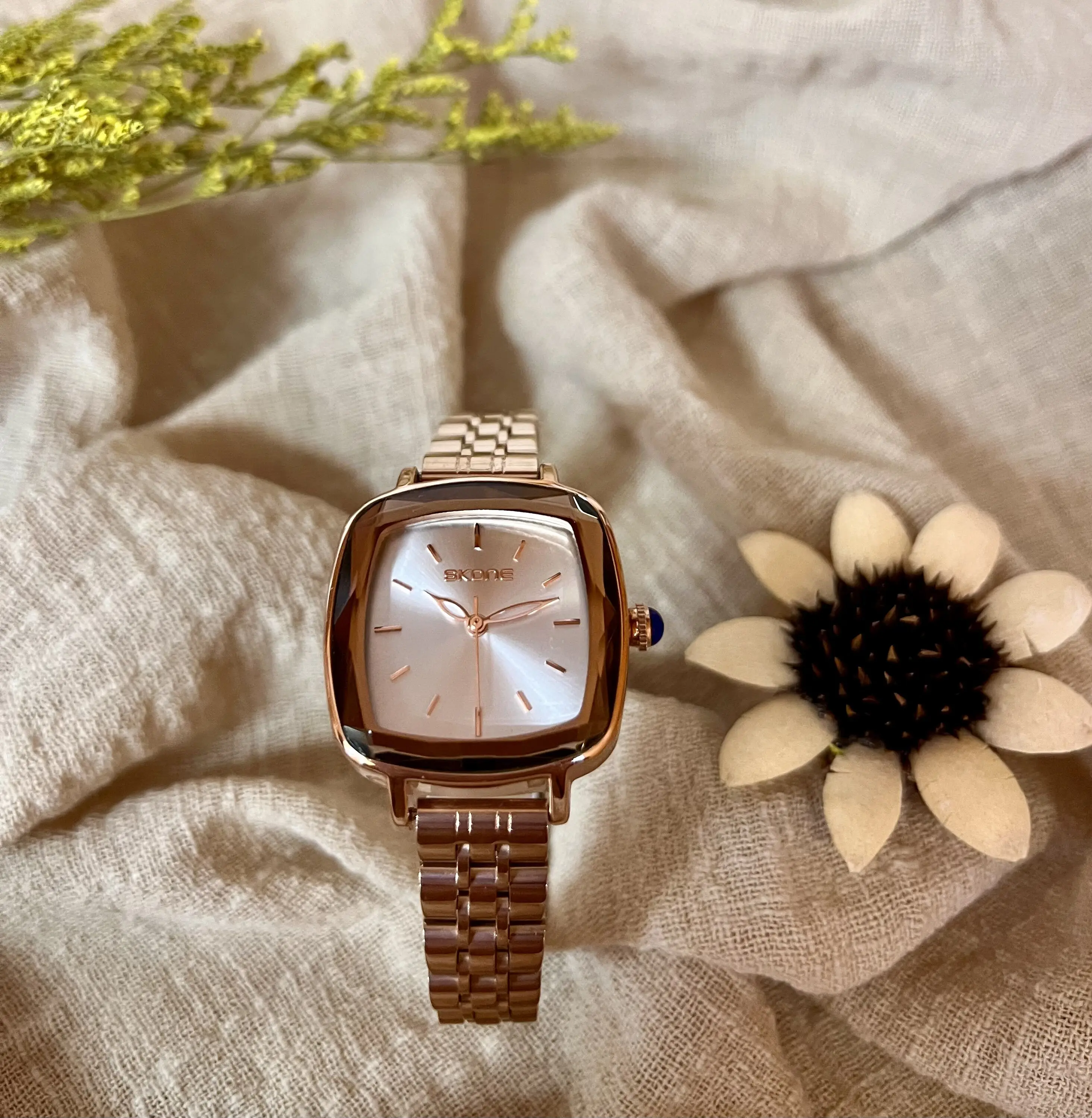SKONE Small niche minimalist temperament quartz high-end fashion square steel strip women's watch as a gift for girlfriend