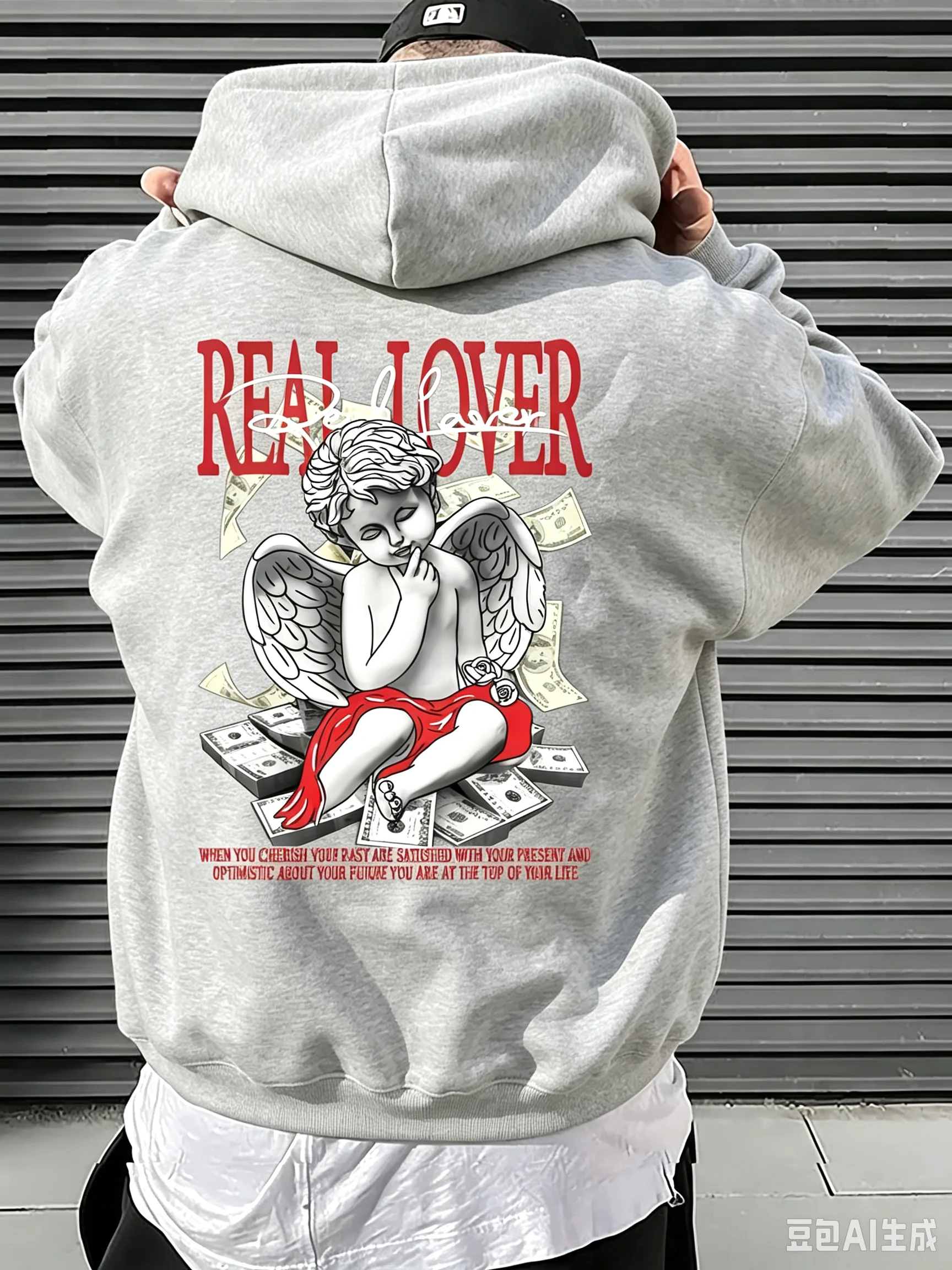 True Love Angel Street Hip Hop Print Men Hooded Sweatshirt Autumn and Winter Daily Outdoor Sports Loose All Build Leisure Warm