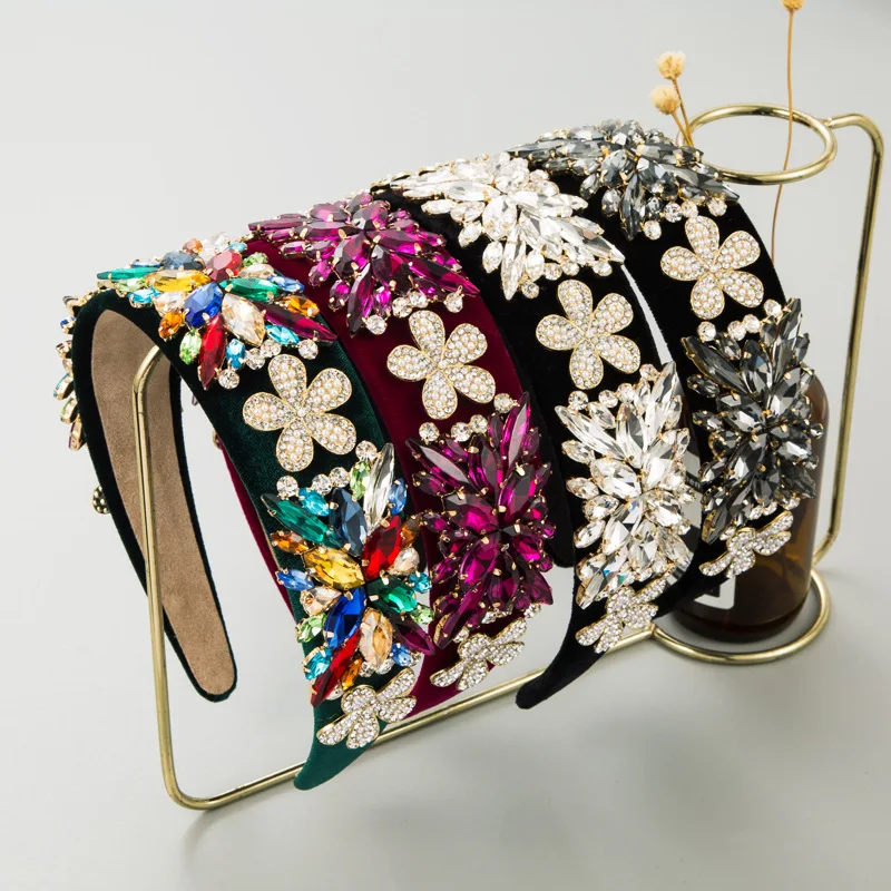 

Vintage Floral Crystal Headband Starburst Diamond Cluster Hair Band Velvet Sweet Pearl Flower Hair Hoop Unique Prom Headpiece
