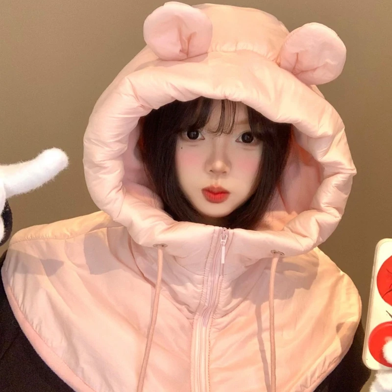 

Cute Pink Bear Ears Hat Female Winter Plus Velvet Cycling Warm Cold Ear Protection Lei Feng Hat