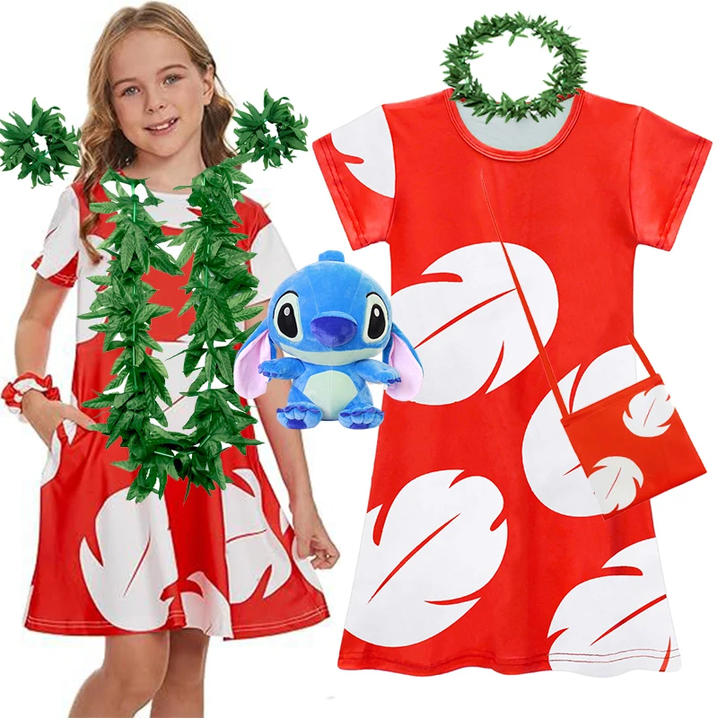 

Girls Lilo&Stitch Dress Set Hawaii Children Red Frock Featured with White Feather Print Ohana Summer Beach Party Clothes