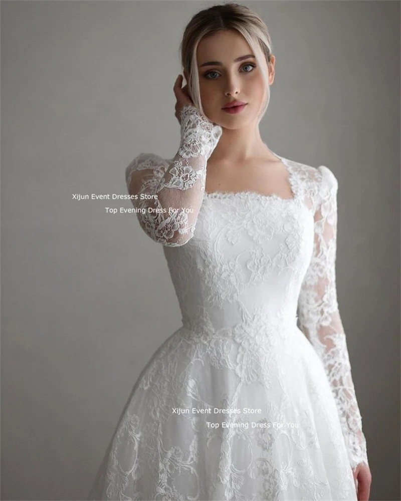 Xijun Modest Long Sleeves Full Lace Wedding Dresses Square Neck Sweep Train Bridal Gowns Vestido de noiva Dubai Arabic Women