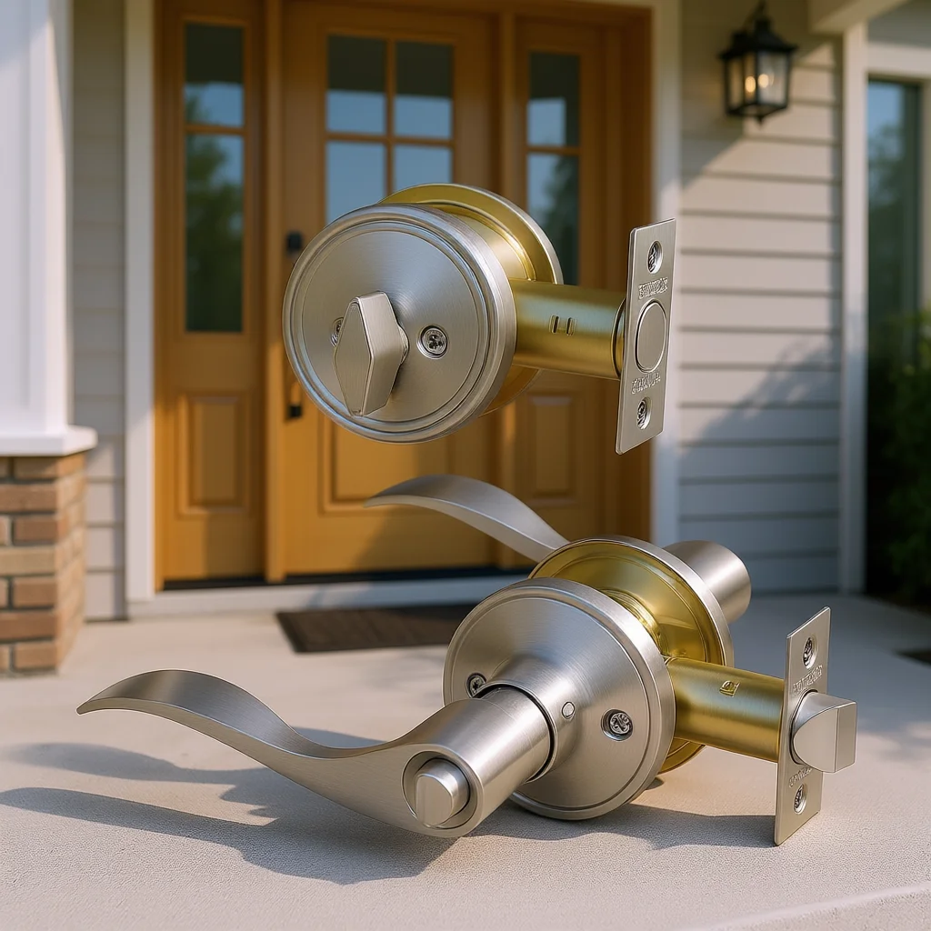 Satin Nickel Lever Entry Door Lockset With Deadbolt Keyed Alike For Steel Door