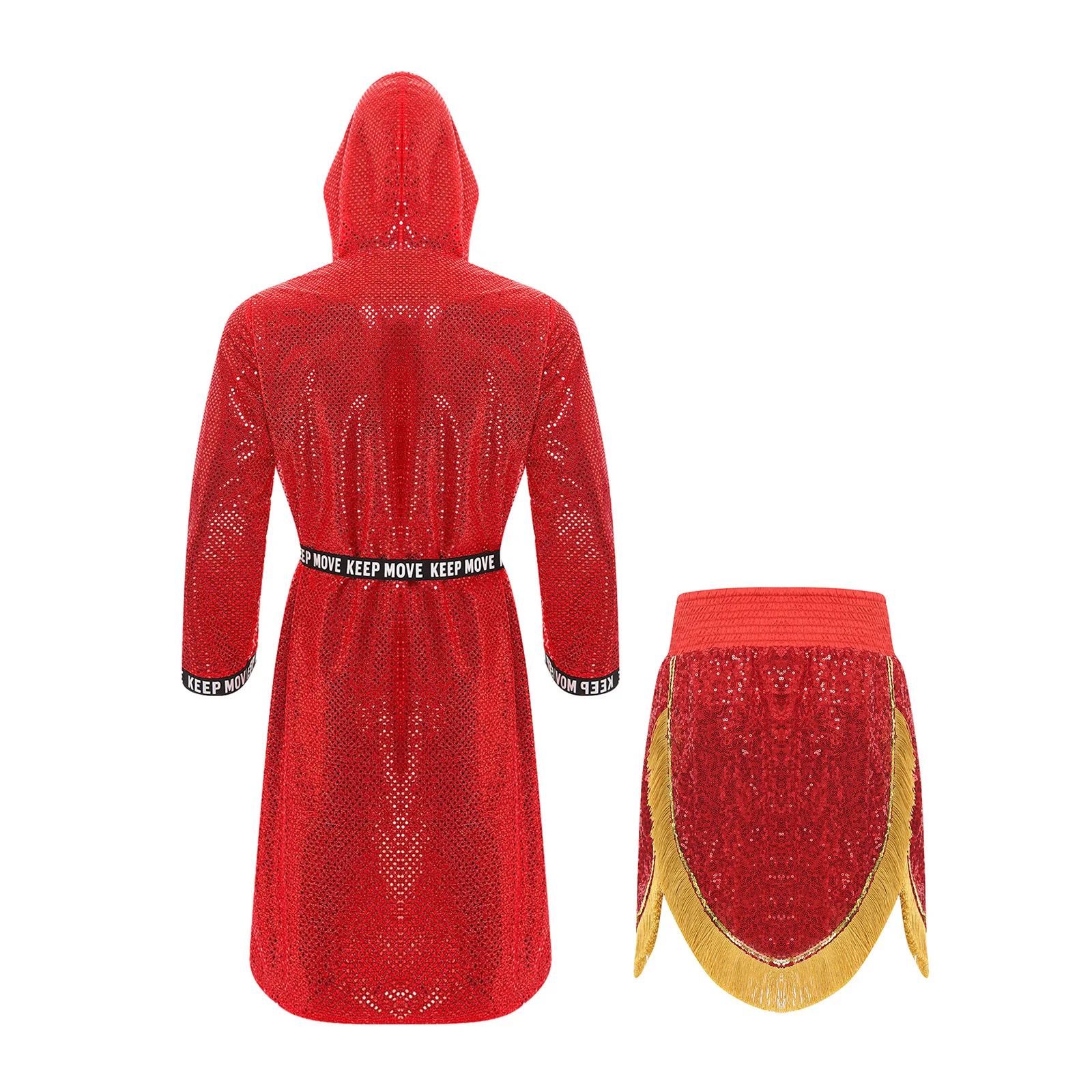 Men Boxing Robe Long Sleeve Sequins Hooded Cloak with Belt And Fringes Boxing Shorts for Boxing Muay Thai Martial Arts Training