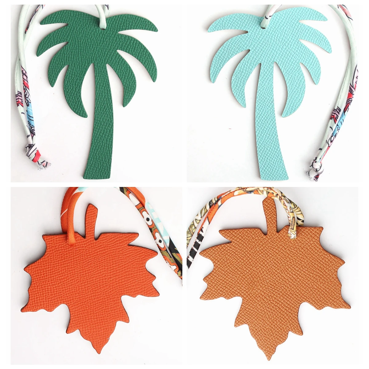 Double Faces Silk Ribbon Full Real Genuine Leather Palm Tree Maple Leaf Keychain Key Chain Women Bag Charm Backpack Pendant