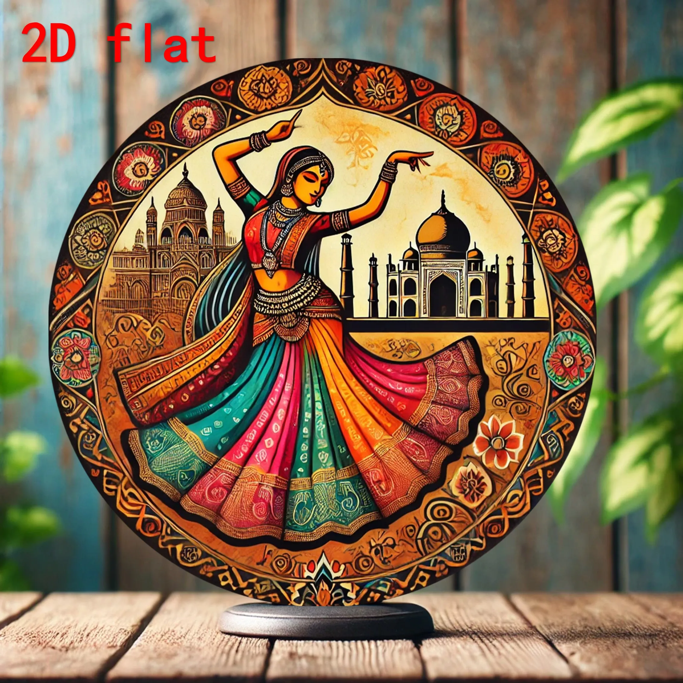 

Round Aluminum Wall Art with Vibrant Traditional Indian Dance Design - 2D Printed Decorative Plate for Home, Cafe, Bar, Garden
