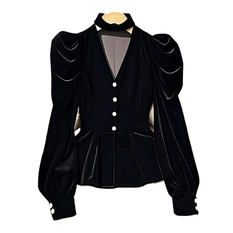

Black Velvet Long Sleeved Shirt for Women, 2025 Spring and Autumn New Top