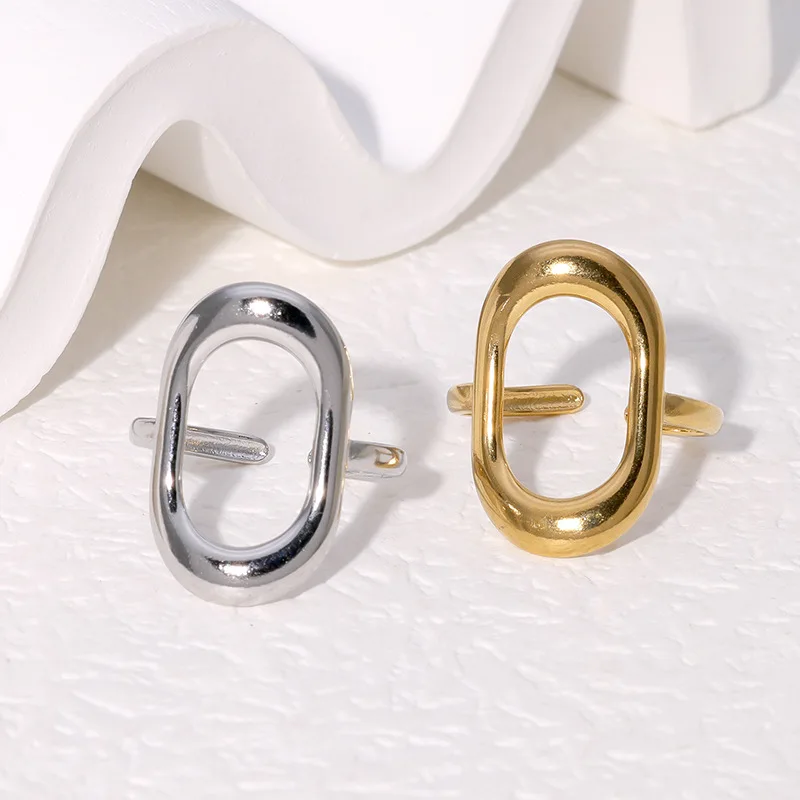 Stainless Steel Hollow Ring for Women Gold Color Geometric Oval Rings Opening Female Jewelry Simple Accessories Silver Color
