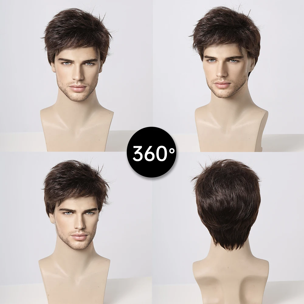 Easihair Synthetische Mannen Pruiken Korte Pixie Cut Bob Pruiken Met Bang Bruine Gelaagde Straight Heren Pruik Voor Dagelijkse Cosplay Hittebestendig