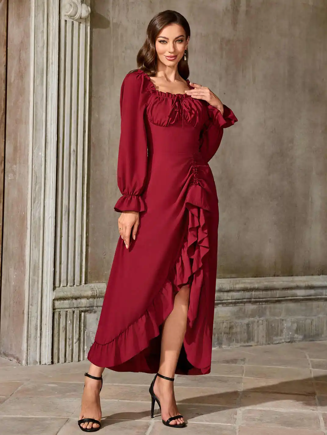Renaissance Medieval Dress Women Ren Faire Dress, Long Sleeve Ruffle Midi Dress, Square Neck with Smocked Bodice
