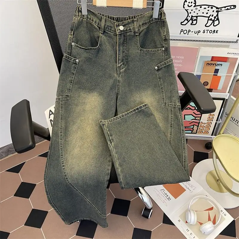

American Style Men's Jeans Workwear Straight Leg Wide Leg Pants Large Pockets High Street Retro Loose Fit Casual Trousers