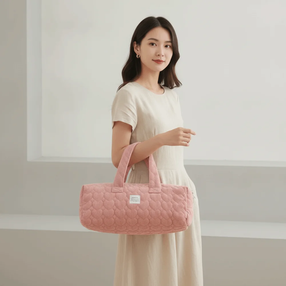 Padded Heart Quilted Handbag Pastel Lightweight Corduroy Barrel Pouch Ribbed Zippered Pastel Makeup Organizer Traveler