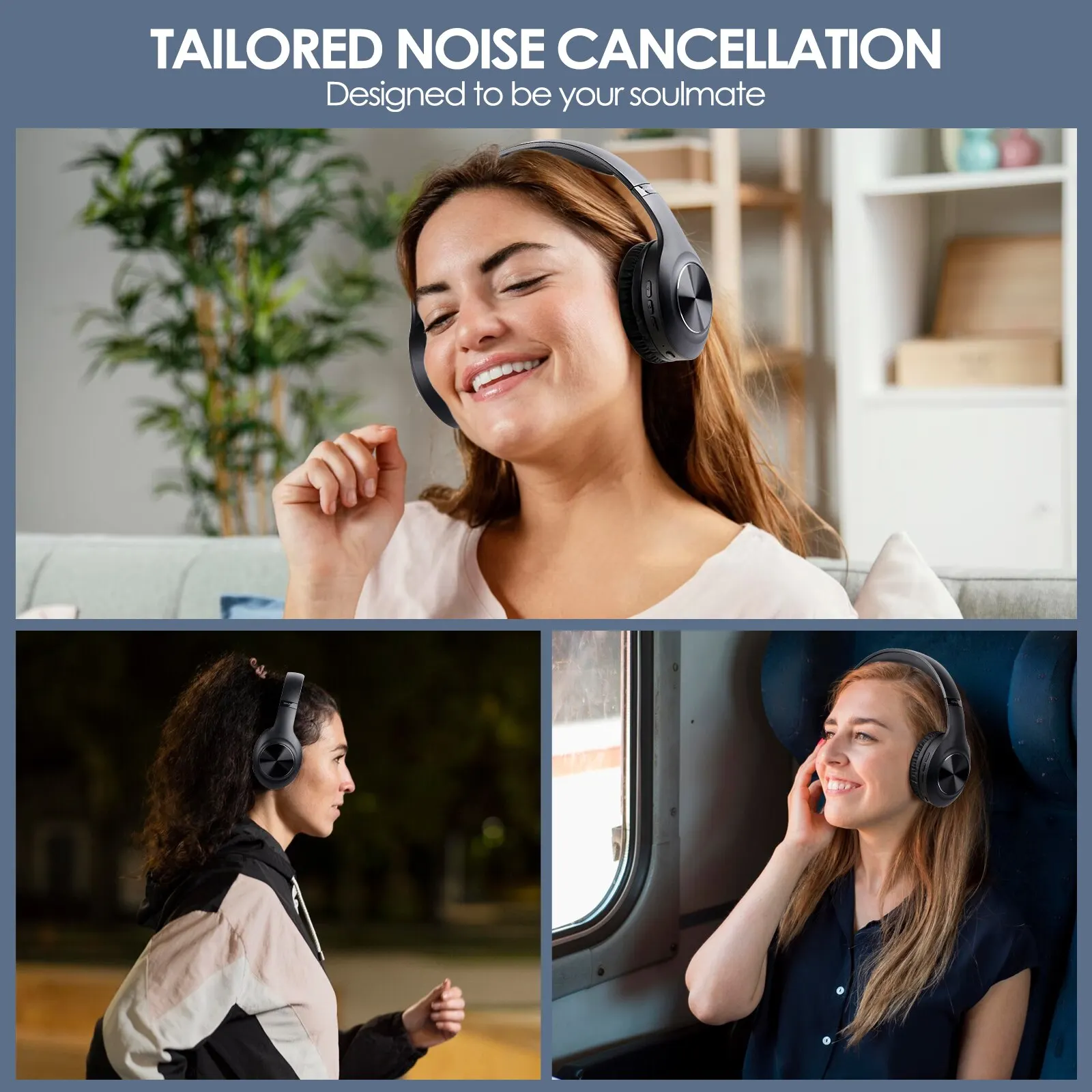 Siindoo Headset JH-ANC923 nirkabel Noise Cancelling, Headphone Bluetooth Over-Ear dapat dilipat dengan mikrofon, Bass dalam Stereo Hi-Fi