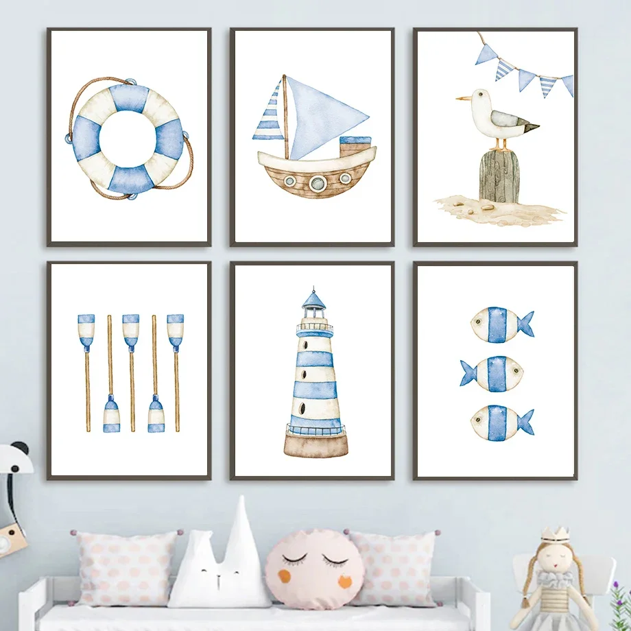 

Lighthouse Sailboat Seagull Whale Dolphin Minimalist Wall Art Canvas Painting Posters And Prints Wall Pictures Kids Room Decor