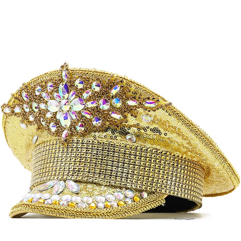 

Wedding Leather Hat, Golden Sequined Diamond Photography Hat, Versatile Party Carnival Flat Top High Top Performance Hat