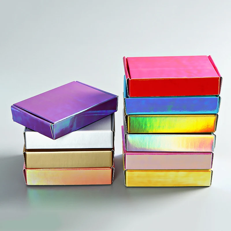 10 unids/lote caja de cartón láser caja de regalo de Color arcoíris cajas de cartón corrugado grueso caja de embalaje de regalo de fiesta de vacaciones 3 tamaños