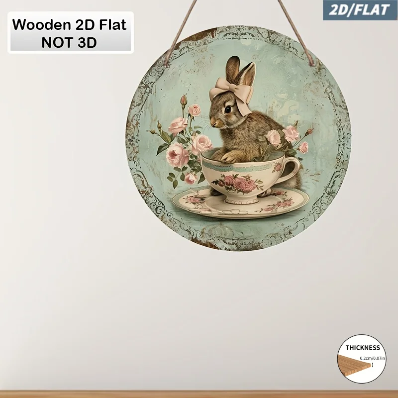 2D Flat - 2D Graphic Design, a Vintage-Style Rabbit Paired with a Teacup Wall Decoration - a Round Wooden Wall Decor Item Suitab