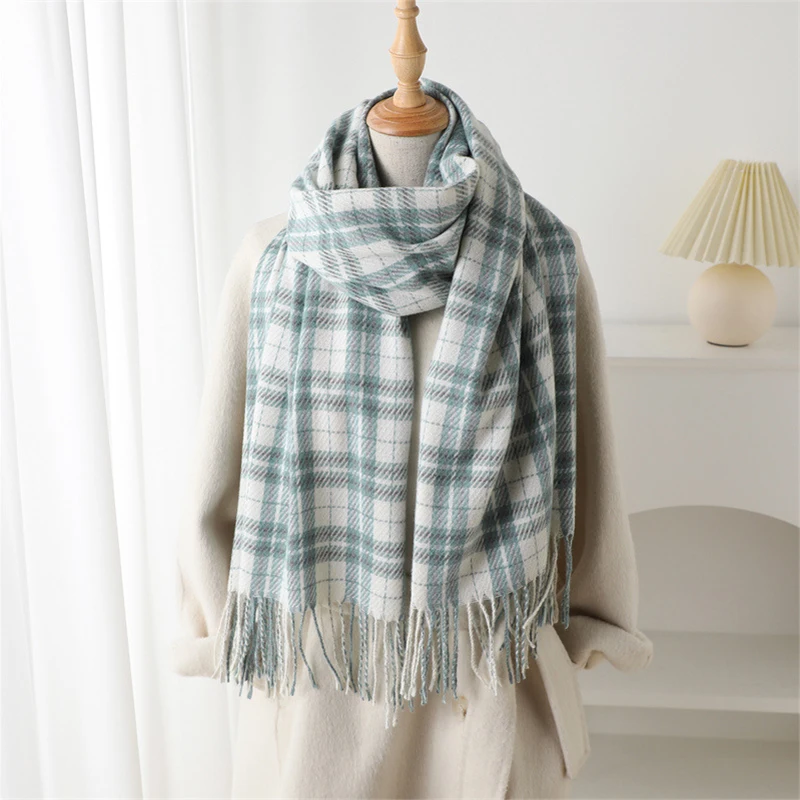 Manta de Cachemira a cuadros de invierno de tamaño grande de 62x200cm, bufanda gruesa y cálida para mujer, chal de Pashmina con diseño, Poncho con borlas, estolas Echarpe