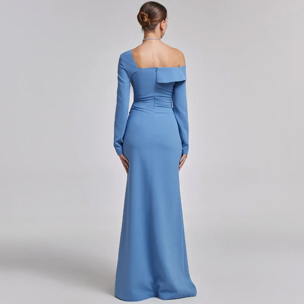 カスタマイズされたオフショルダーブルークレープ A ラインイブニングドレスジャージサウジアラブウエディングドレスフォーマル高品質パーティードレス女性のための