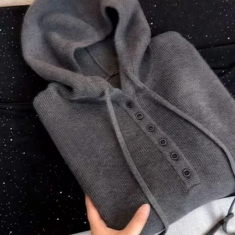 2026 autumn and winter new 100% wool hooded sweater women's loose knitted sweater jacket