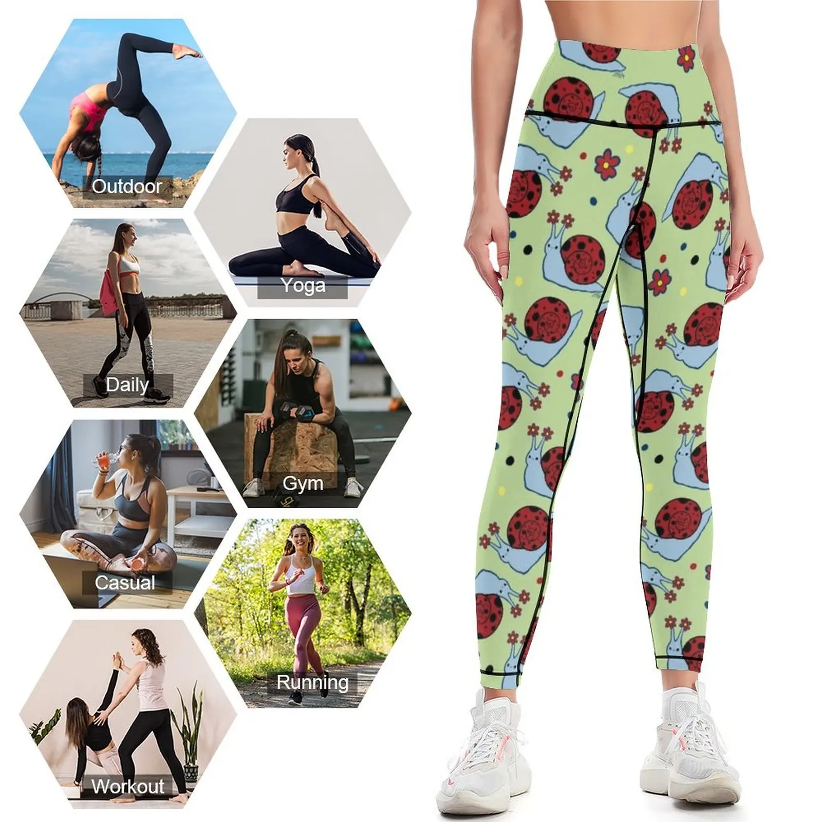 Leggings joaninha caracol para mulheres, calças justas push-up, tênis, ginásio