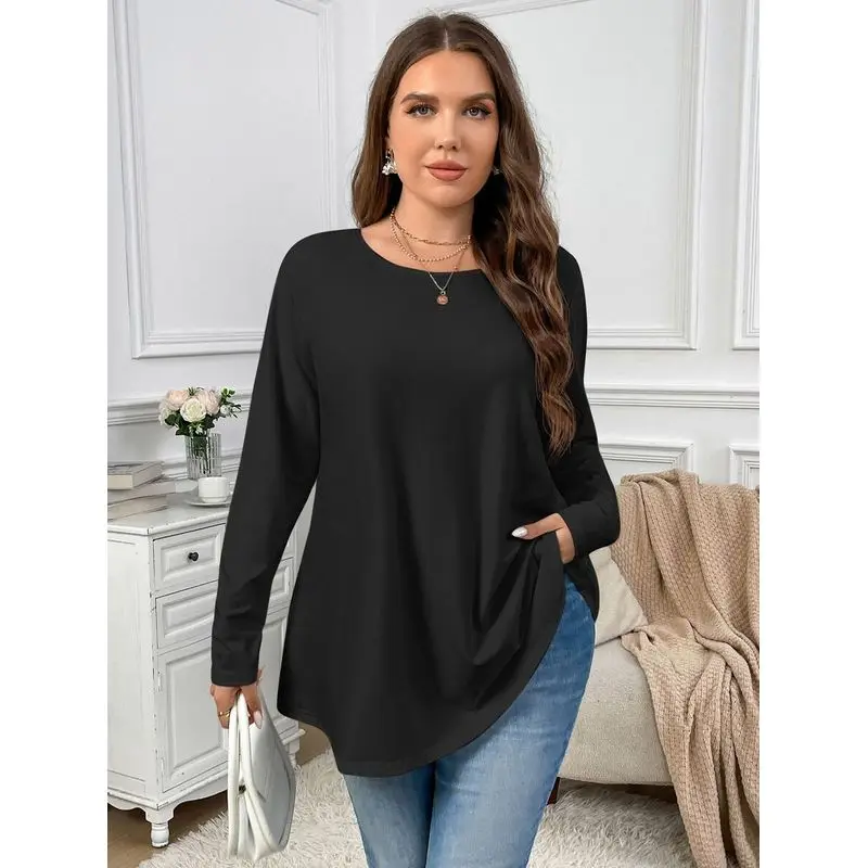 Firerie Plus-size, Elegant, Soft, Casual, Loose-fitting, Long-sleeved, Round-neck, Solid-color, basic style, A-line DressTShirt