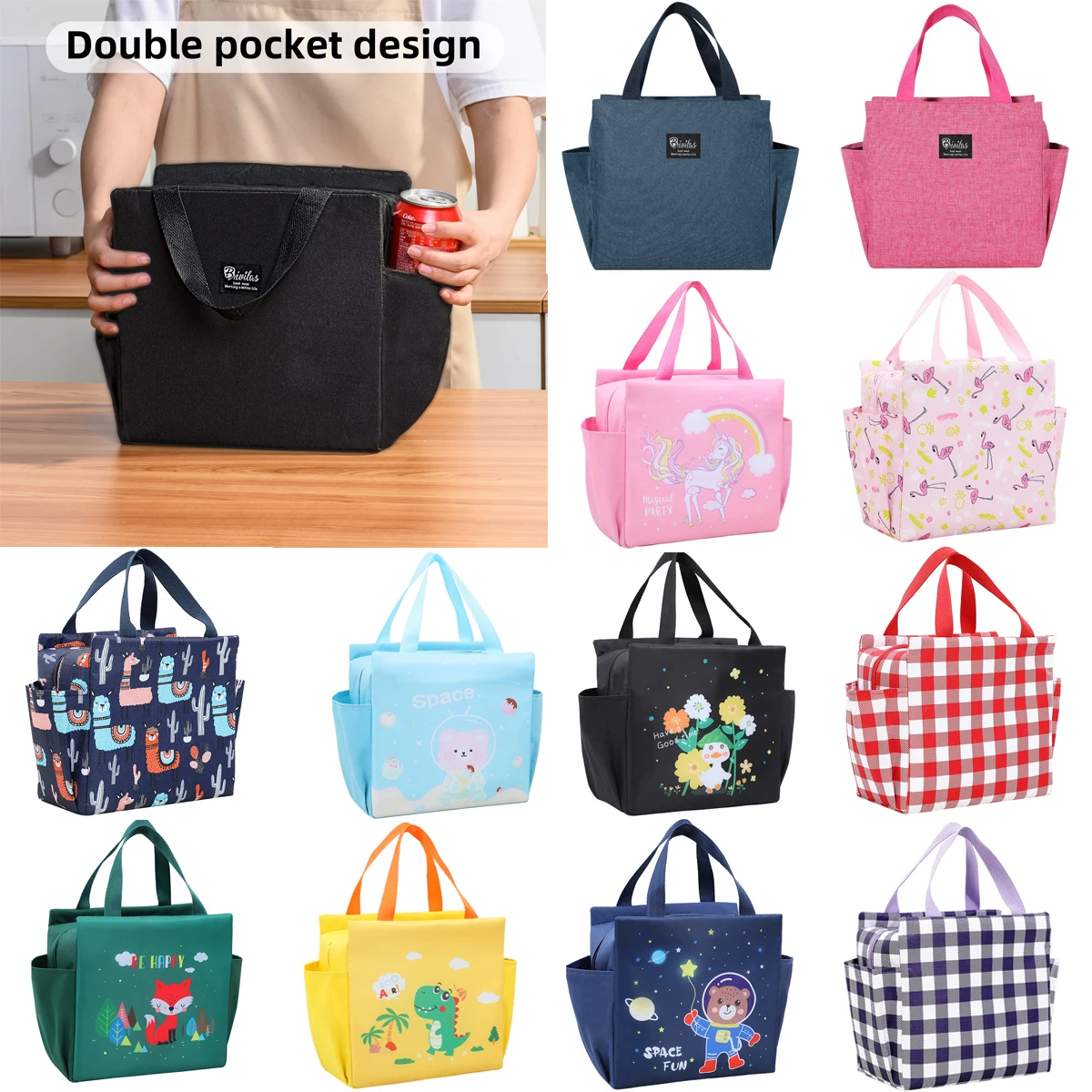 Children School Lunch Box Portable Lunch Bag w/2 Pockets Thermal Insulated Lunch Box Tote Cooler Bag Bento Pouch Lunch Container