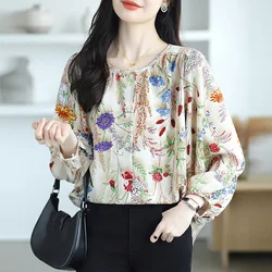 Women Clothing Fashion O-neck Lantern Sleeve Chiffon Shirts Autumn Loose All-match Elegant Print Blouses Office Lady Chic Tops