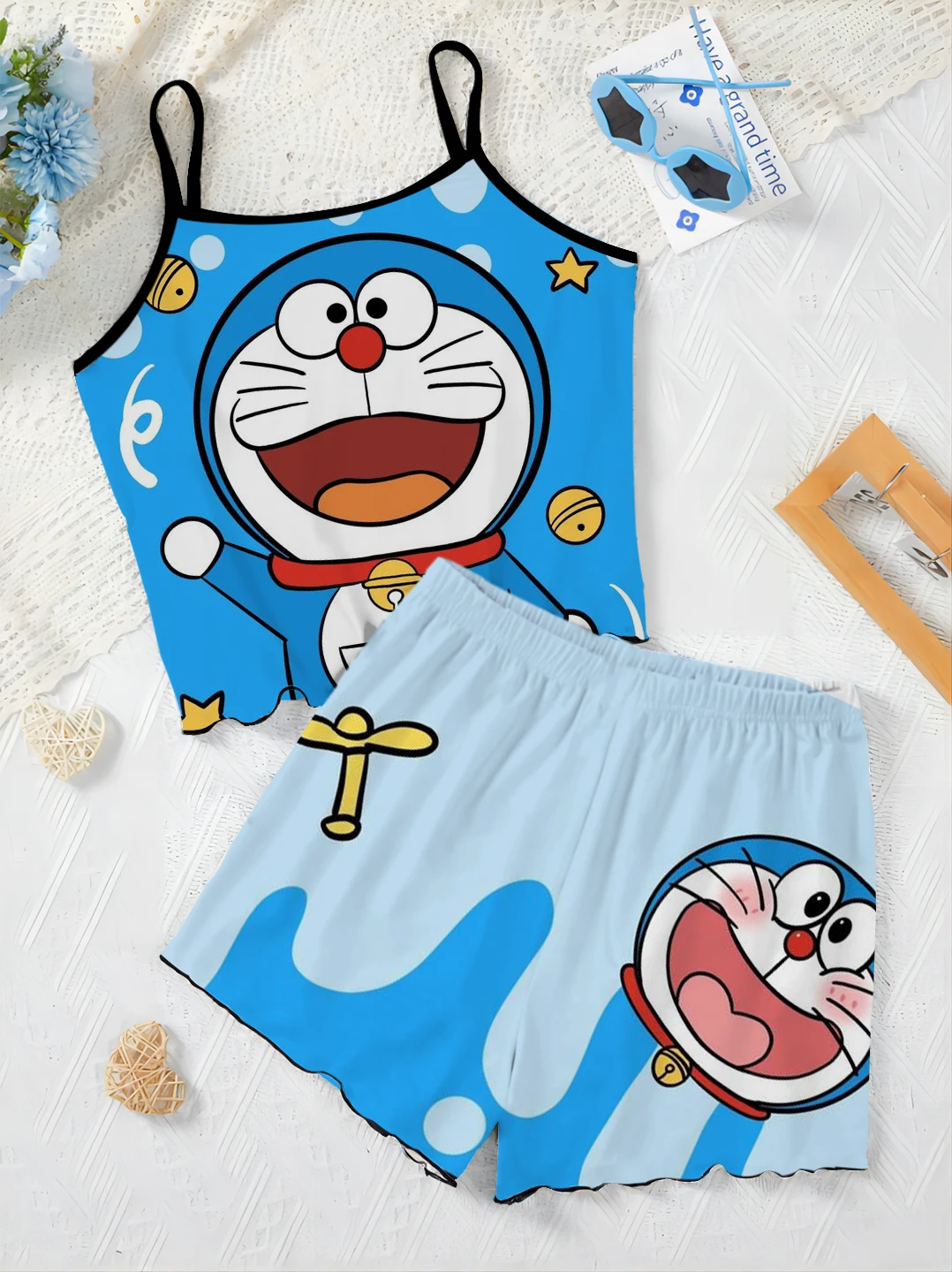 Short Sets for Women 2 Pieces Pajama Skirt Summer Outfit Lettuce Trim T-shirt Slip Dress Top Women's Suit Satin Surface Doraemon