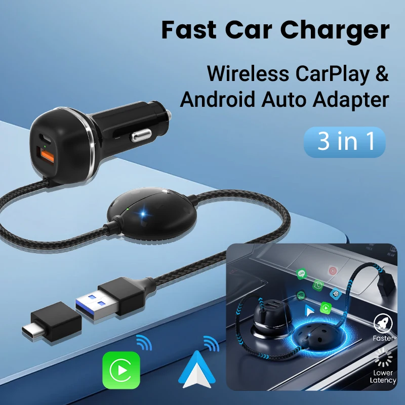 Acodo 2025 New Wireless CarPlay Android Auto Adapter Fast Car charger 3in1 Mini Smart Box Plug and Play Wifi BT For Universal