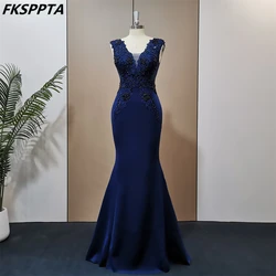 Exquisite Navy Mermaid Formal Evening Dress See Through Back Stunning Crystals Appliques Satin Long Prom Gowns Plus Size Dresses