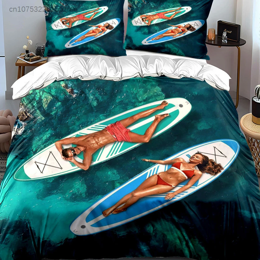 3Pcs Summer Surfing Bedding Set, Couple On SUP Board Print Duvet Cover Set, Ocean Tropical Pattern, Soft For Beach Lovers