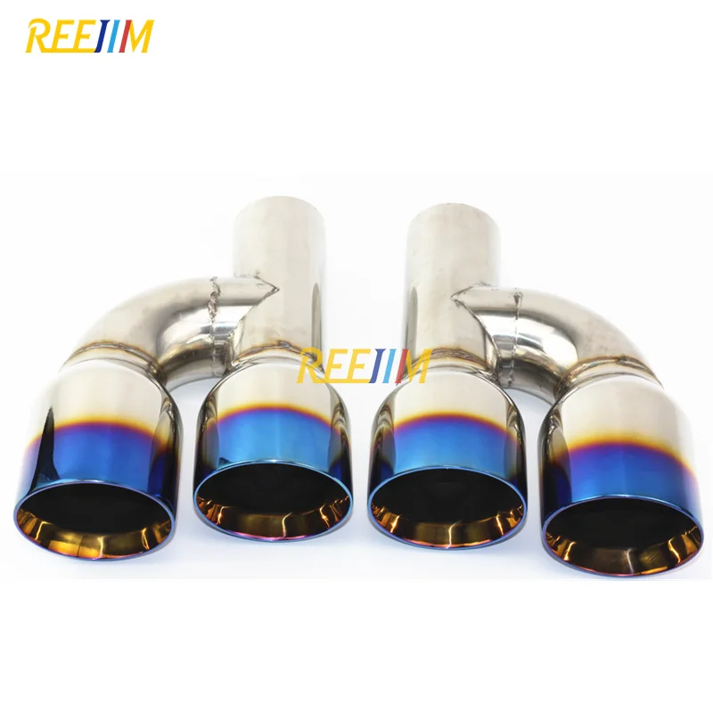 2 PCS H Shape Blue Burnt Dual Universal Exhaust  Tip muffler tip Polished Stainless 60mm In 90mm Out
