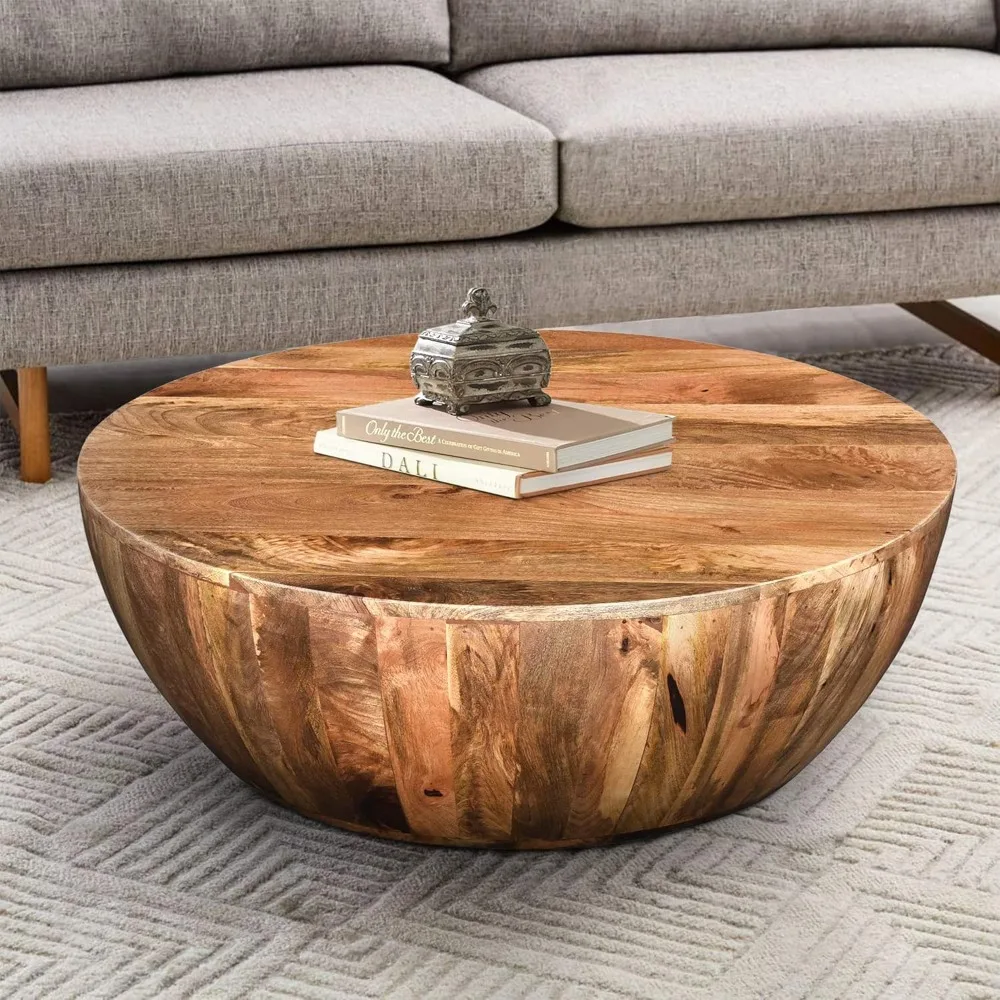 Solid wood living room table, mango wood round coffee table, dark brown 35.5