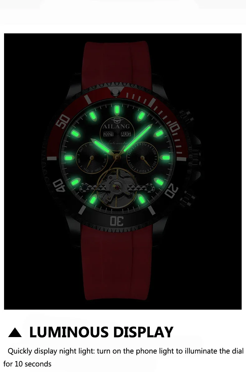 2026 Luxury Black Red Case Multi-function Sports Tourbillon Watches Waterproof Automatic Mechanical Watch Men Reloj Hombre