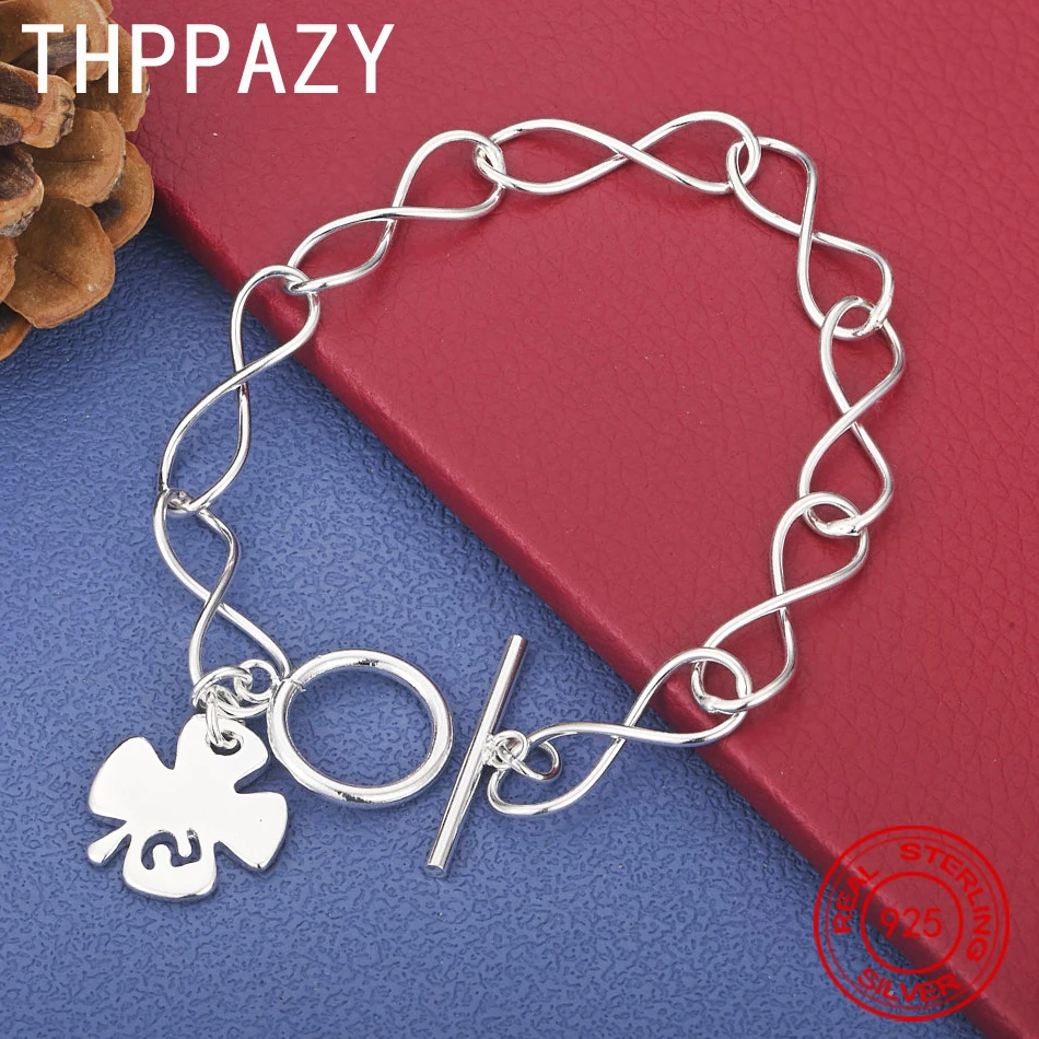 

THPPAZY 925 Sterling Silver Four-Leaf Clover Pendant Bracelet Fine Jewelry Women Engagement Wedding Party Gift 20cm Hand Chain
