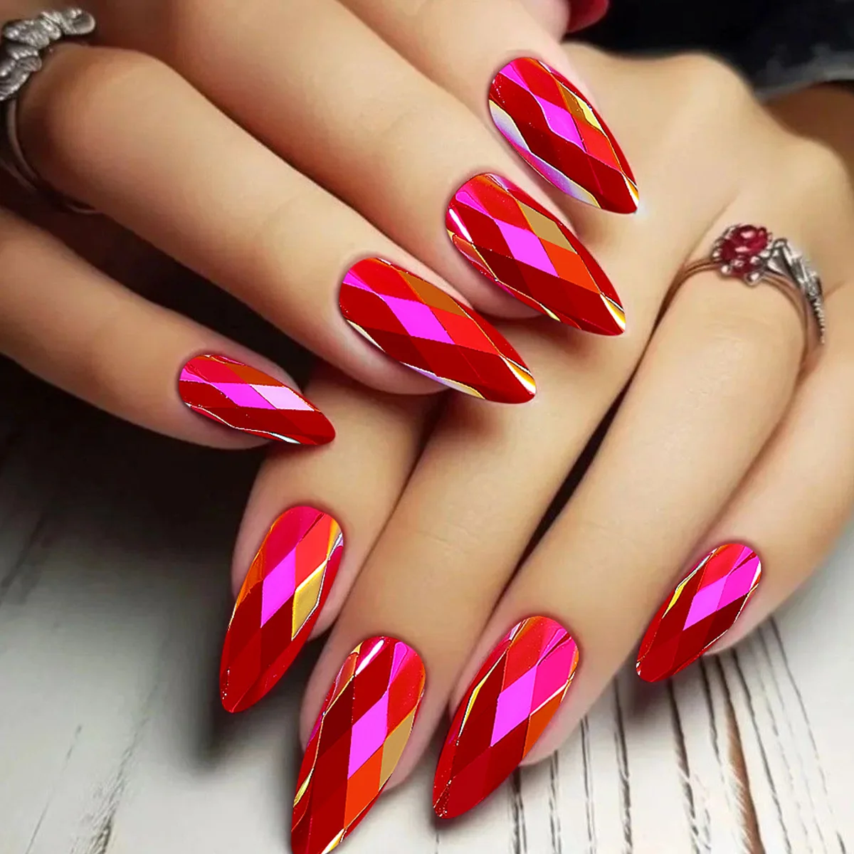 24 قطعة ضغط اللوز على الأظافر ثلاثية الأبعاد الماس المعين مطلي مرآة معدنية الأظافر وهمية يمكن ارتداؤها الحلو كول الأوروبي الأظافر كاذبة #3