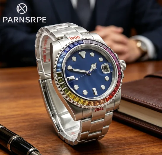 

Color diamond rotatable bezel Luxury men's watch Luminous NH35 automatic mechanical movement calendar style waterproof
