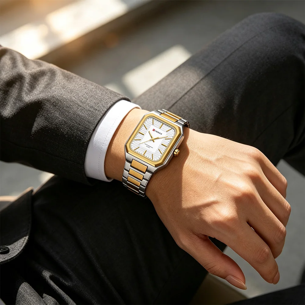 CURREN 8457 Vintage Minimalist Quartz Watch Rectangle Dial Luminous Hands Stainless Steel Band Wristwatch for Men Women Relógio