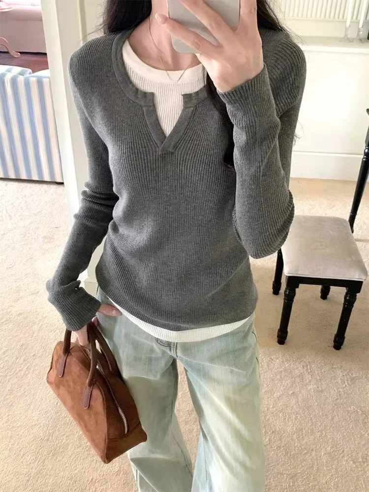 تيشيرتات كورية مزيفة مكونة من قطعتين بأكمام طويلة تي شيرت محبوك 2025 Ropa Mujer ملابس نسائية للخريف برقبة دائرية