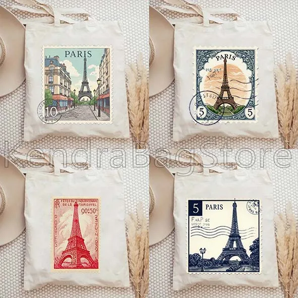

Vintage Paris France Postage Stamp Retro Cityscape Post Stamps Gifts Canvas Shoulder Tote Bag Fashion Shopper Reusable Handbag