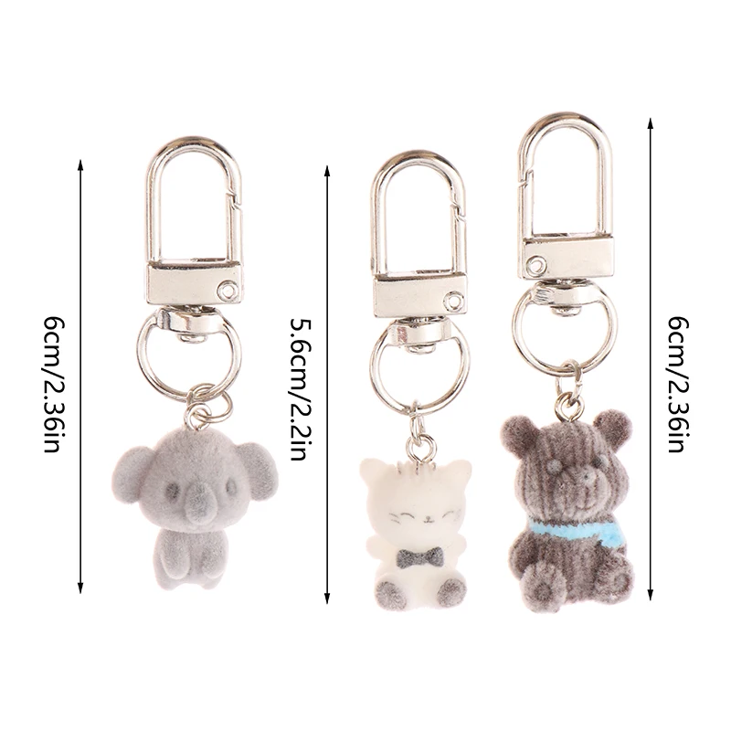 Kawaii Flocking Cat Keychain Cartoon Koala Bear Phone Pendant Headphone Case Charm Backpack Bag Decor Car Key Ring