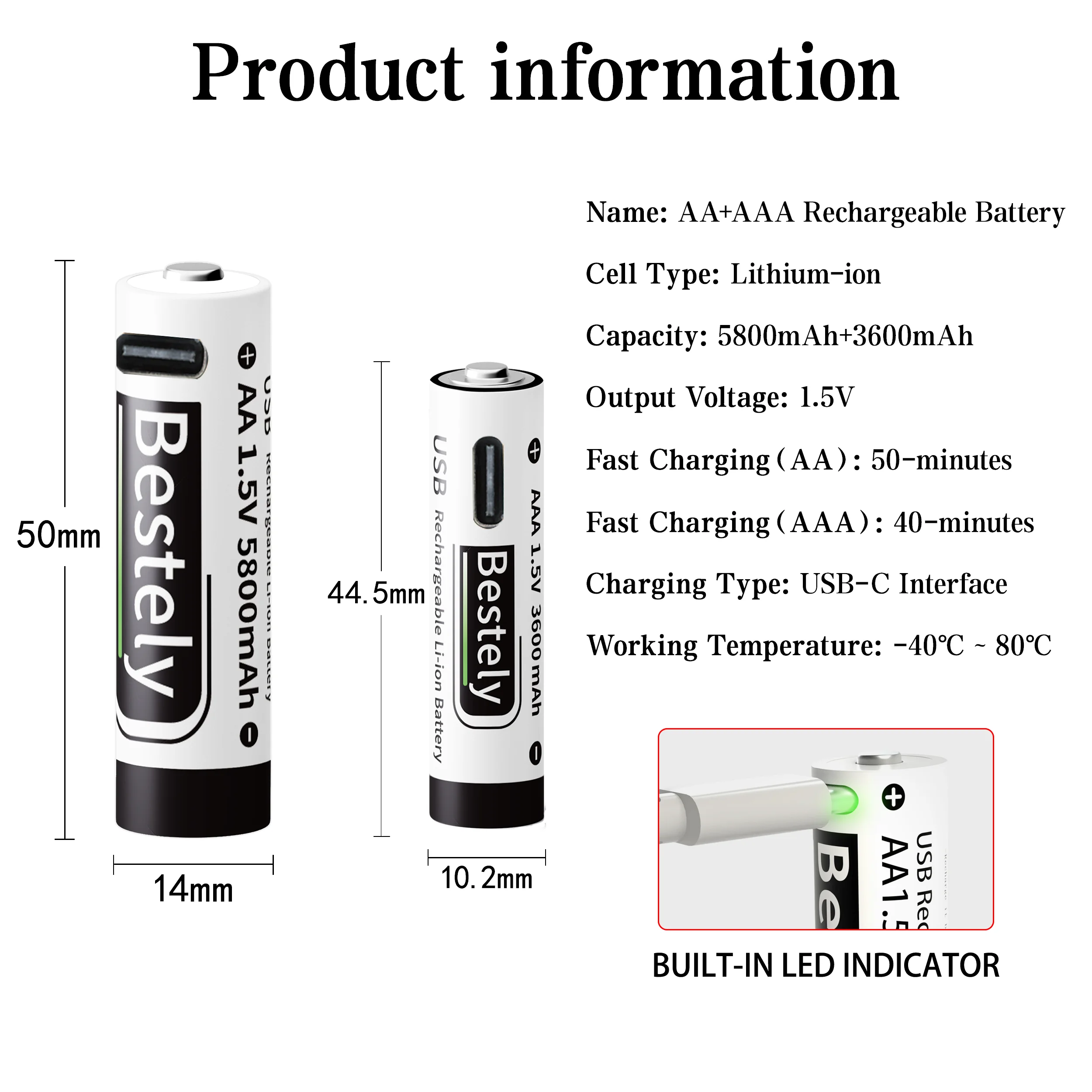 Updated 1.5V AA 5800mAh+AAA 3600mAh Rechargeable Lithium Ion Battery Fast Charging Li-ion Batteries 2000 Cycle with USB-C Cable