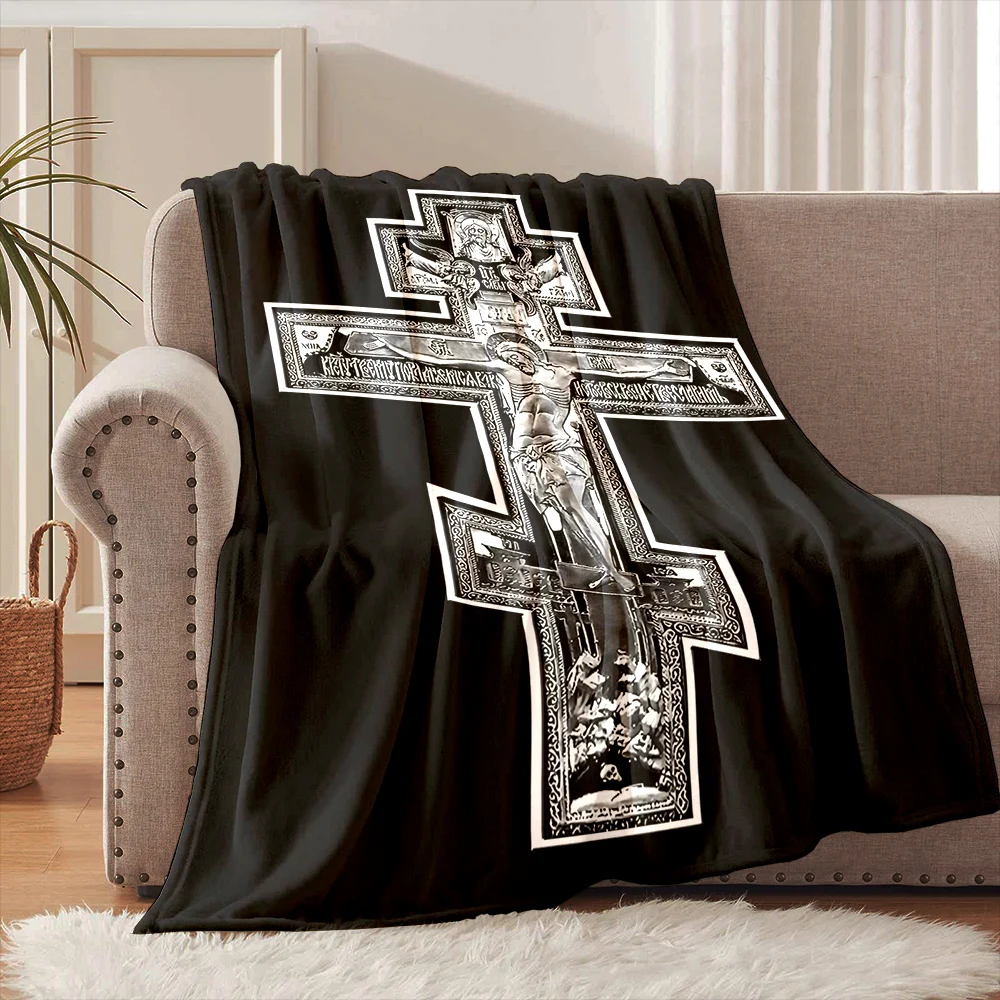 1PC Three horizontal crosses Faith-printed Flannel Blanket Soft and Warm Suitable for Home Travel Picnics Camping and RV Use