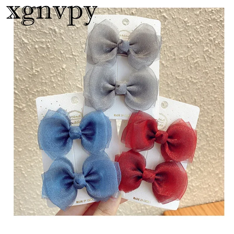 xgnvpy 2pcs Cute Girl Hairpin Fashion Hairpin Pearlescent Mesh Hair Card Children Bow Hairpin Baby Hair Accessories